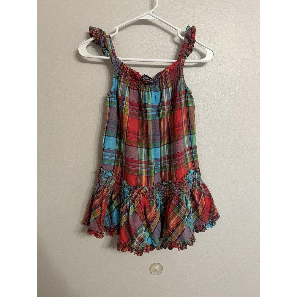 Ralph Lauren Dress Girls 6x Red Blue Green Plaid Ruffle Hem Sleeves 100% Cotton
